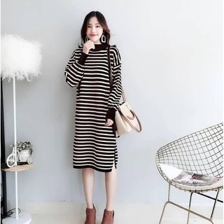 Váy len suông kẻ tay bồng