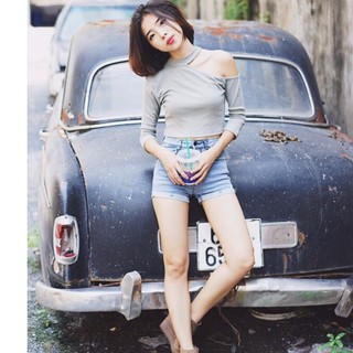Áo Crop lệch vai thun gân