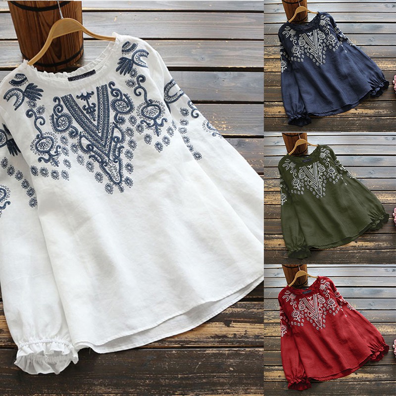 ZANZEA Áo kiểu thêu họa tiết hoa tay dài nhún bèo dành cho nữ