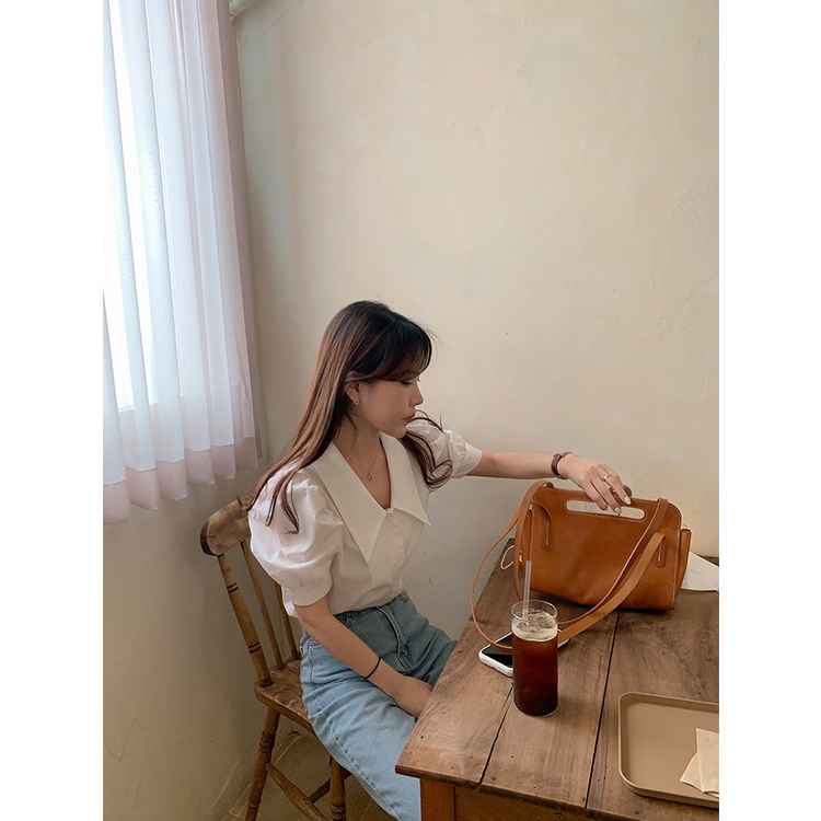 Áo Sơ Mi Tay Ngắn Phồng Cổ Chữ V Dáng Rộng Phong Cách retro Hàn Quốc Thời Trang Mùa Hè 2022 Cho Nữ