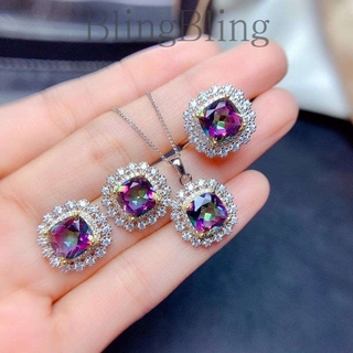 ✨Óng ánh✨ Bộ dây chuyền + bông tai + nhẫn + mặt đá Topaz tự nhiên nhiều màu sắc