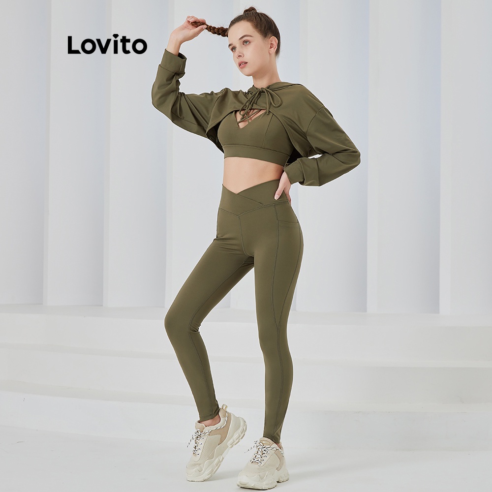 Quần legging Lovito thể thao ôm dáng trơn không lớp lót độ co giãn cao có túi L04019 (Xanh lá)