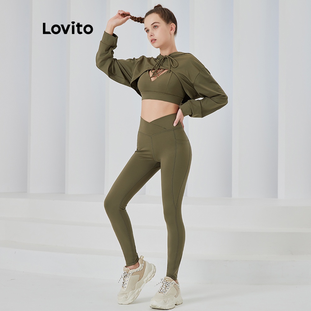 Quần legging Lovito thể thao ôm dáng trơn không lớp lót độ co giãn cao có túi L04019 (Xanh lá) | BigBuy360 - bigbuy360.vn