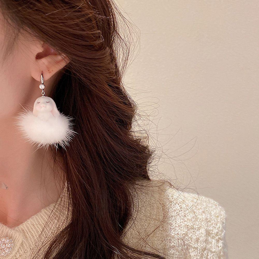 Bông Tai VANES1 Đính Bóng Lông Dễ Thương Thời Trang Mùa Thu Cho Nữ