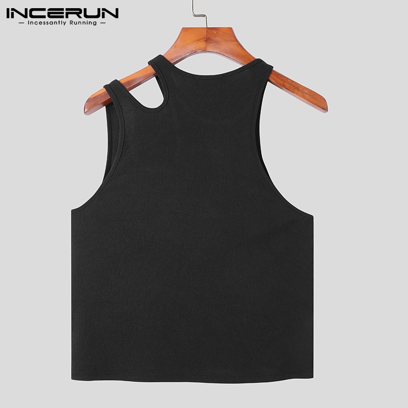 Áo thun INCERUN thiết kế bất đối xứng không tay họa tiết in dáng ôm cho nam