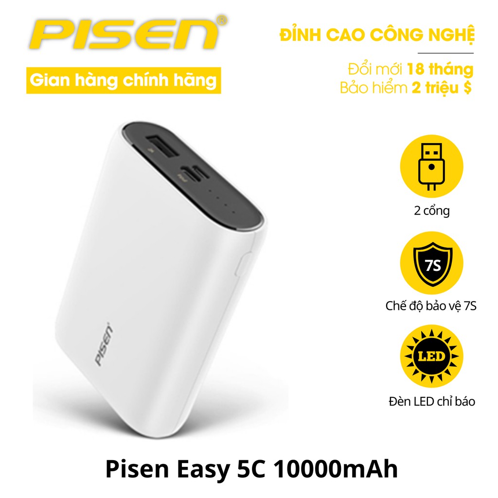 Sạc dự phòng Pisen Easy 5C 10000mAh (Type-C, 2A Smart) - Hàng chính hãng