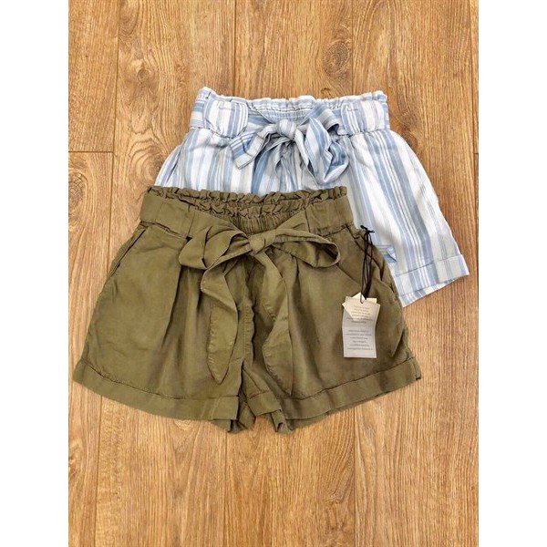 Quần Short SNEAKPEEK Kaki Mỏng Thắt Nơ Eo Xanh Sọc Trắng (Kèm số đo size trong phần mô tả SP)