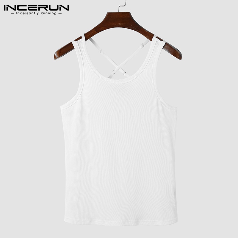 Áo tank top INCERUN dệt kim không tay phối dây chéo lưng thời trang cho nam