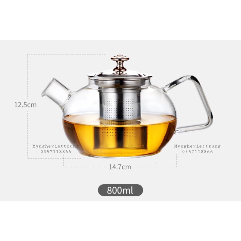 Bình trà thủy tinh dáng tròn nắp và lọc trà inox 800ml