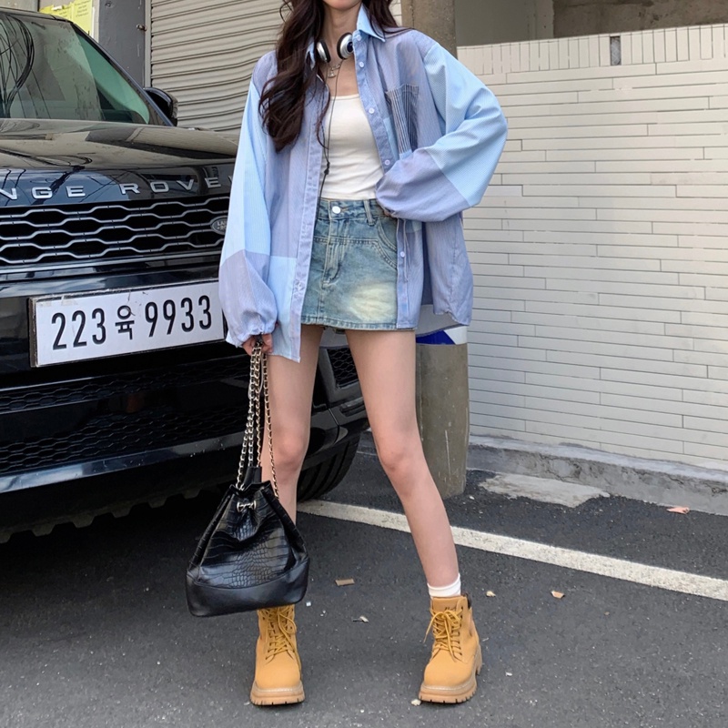 IELGY  Áo Sơ Mi Dài Vừa Kẻ Sọc Thời Trang Cho Nữ