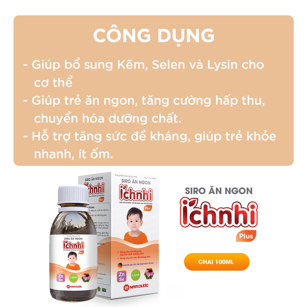 Siro ăn ngon Ích Nhi Plus lọ 100ml giúp nâng cao sức đề kháng, tăng chuyển hóa hấp thu dưỡng chất, giúp trẻ ăn ngon