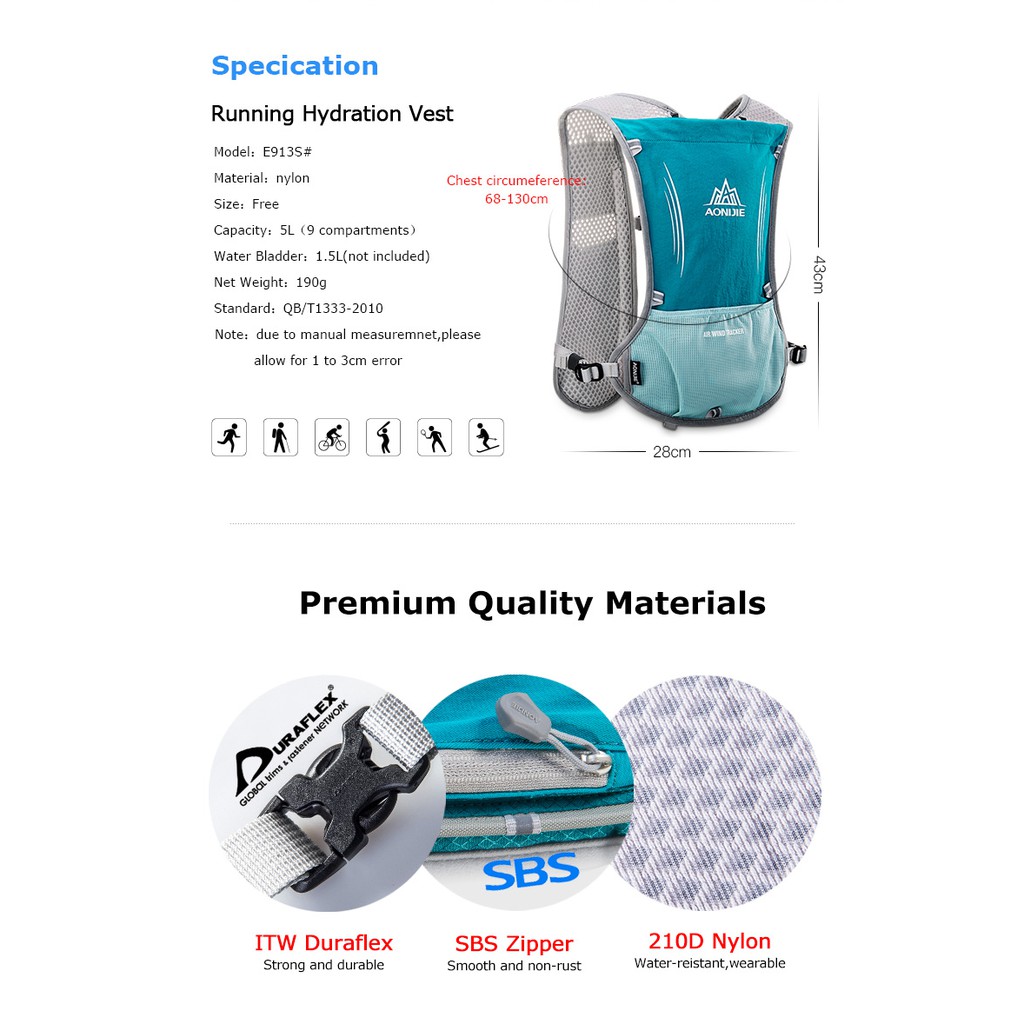Ba lô leo núi AONIJIE E913S có ngăn giữ điện thoại 6.0inch sức chứa 5L có/ không có túi đựng nước 1.5L/ 2L