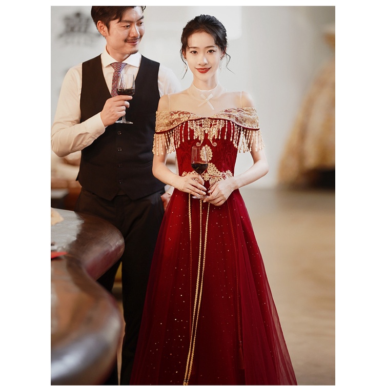 Đầm Dự Tiệc Dáng Dài Màu Đỏ Phong Cách Trung Hoa Mới