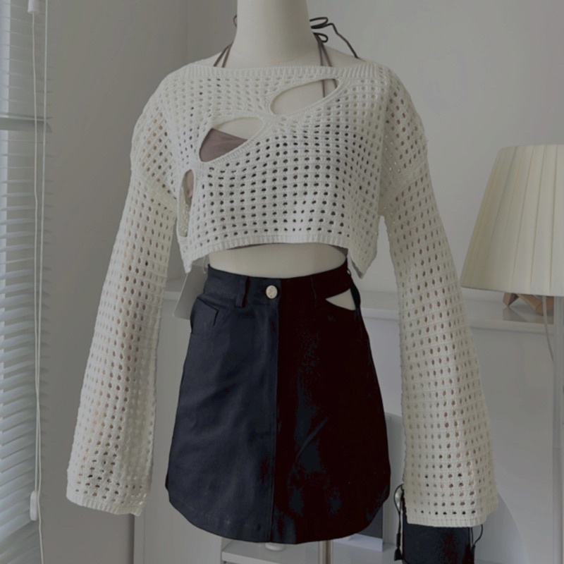 Áo len đan lưới tay dài , hàng chuẩn loại 1, ẢNH SHOP ,dáng croptop, màu trắng cực xinh , không kèm áo trong