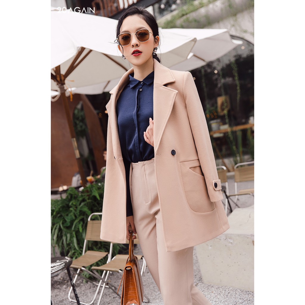Áo khoác dạ cúc bấm 20AGAIN, dáng dài, cổ vest, dạ lì KDA1502 | BigBuy360 - bigbuy360.vn
