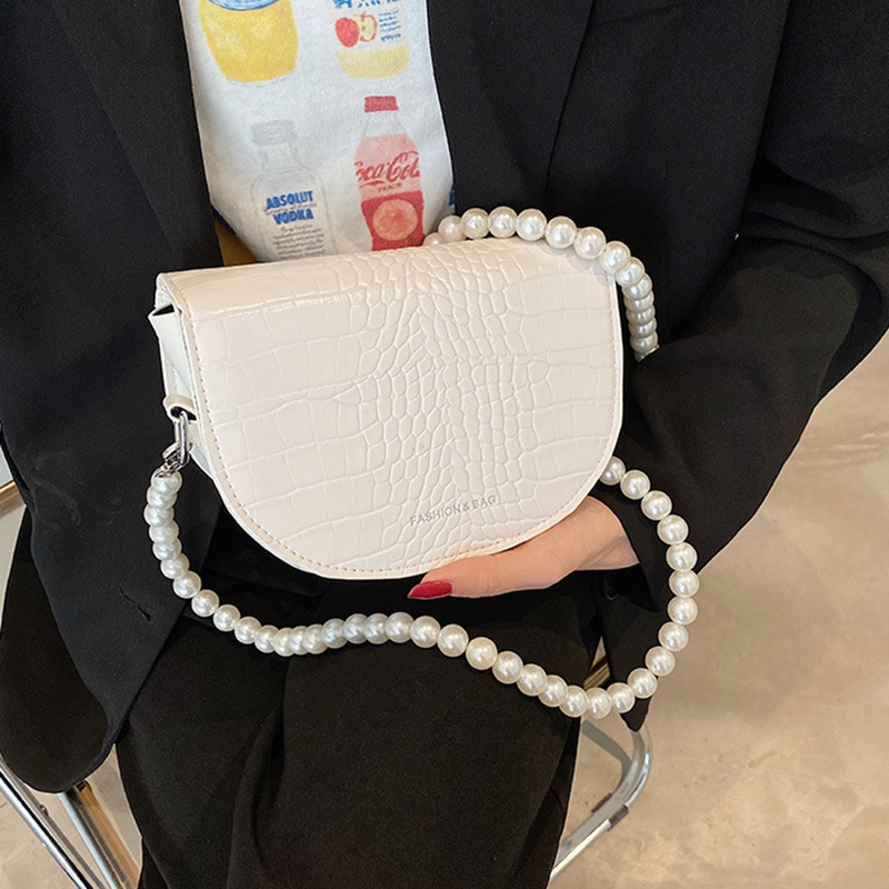 Túi đeo vai IELGY hình bán nguyệt yên ngựa dây đeo ngọc trai thời trang kiểu Tây cho nữ