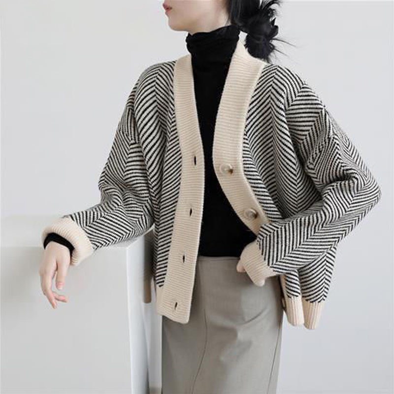 Áo cardigan kẻ sọc chéo len đan dày dặn sang chảnh