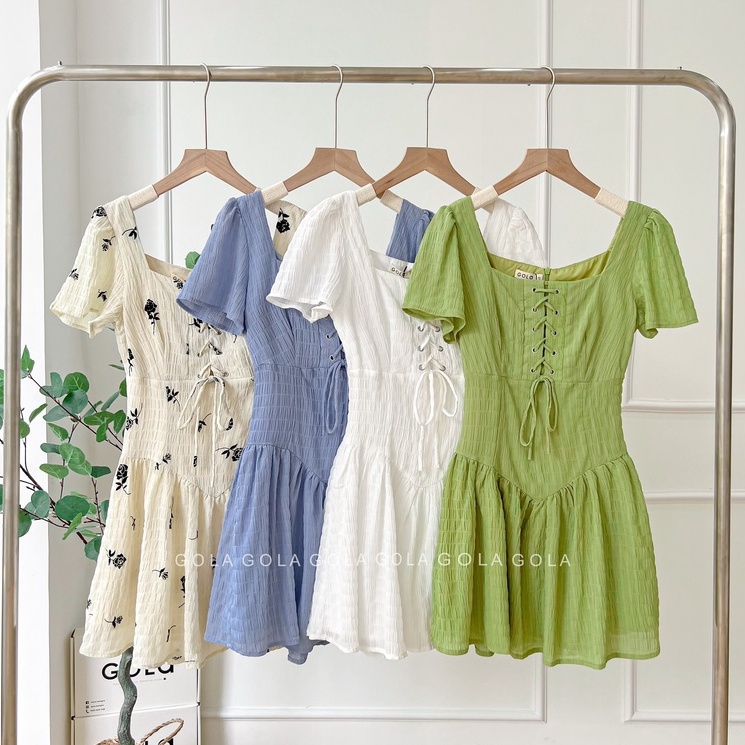 Đầm HARI - Đầm cổ vuông mắt cáo thắt nơ tùng xoè