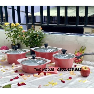Bộ 4 Nồi Đáy Từ Chính Hãng Hàn Quốc ECORAMIC Size 18 20 22 24cm