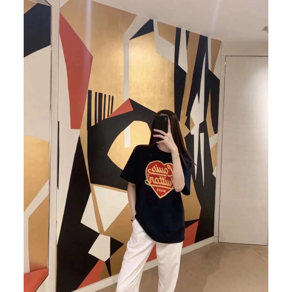 Lv Áo Thun Tay Ngắn Đan Len Họa Tiết Trái Tim Màu Xanh navy Thời Trang Cho Cặp Đôi