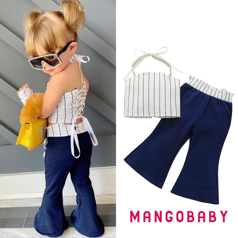 MG- Bộ Áo hai dây kẻ sọc màu trơn có dây đeo cổ và quần dài cho bé gái
