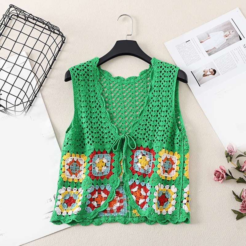 Áo Khoác Cardigan Đan Len Không Tay Dây Buộc Trước Hở Ngực Phong Cách Dân Tộc Dành Cho Nữ