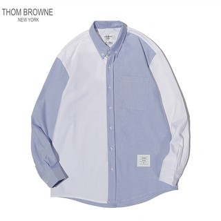 Áo sơ mi thường TB cotton bò sợi dọc vải thun màu xanh trắng kết hợp với áo sơ mi dài tay