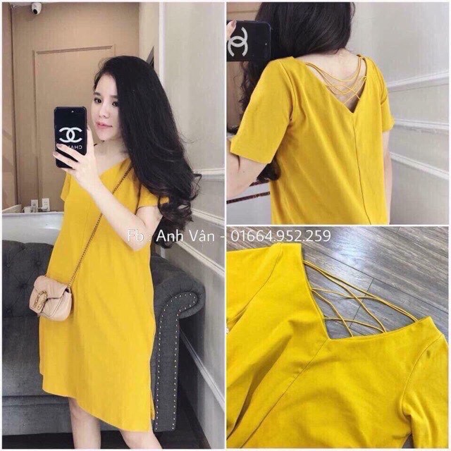 Đầm suông trơn form rộng chất cotton tàu cổ tim đan dây lưng xinh xắn | BigBuy360 - bigbuy360.vn