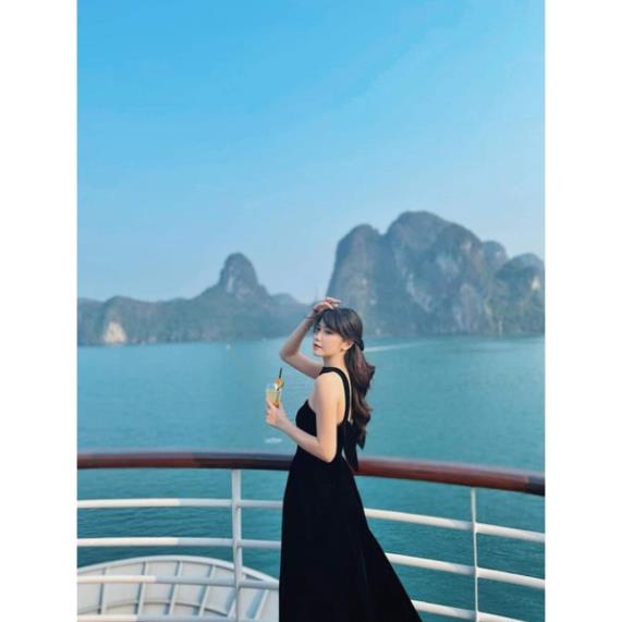 Đầm dự tiệc dáng xòe dây cổ nơ lưng vải nhung Kana Dress