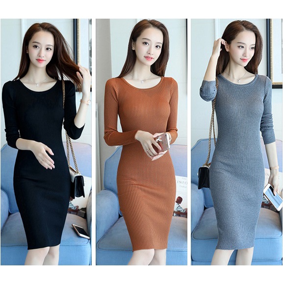 Đầm len cổ tròn dáng ôm ngắn