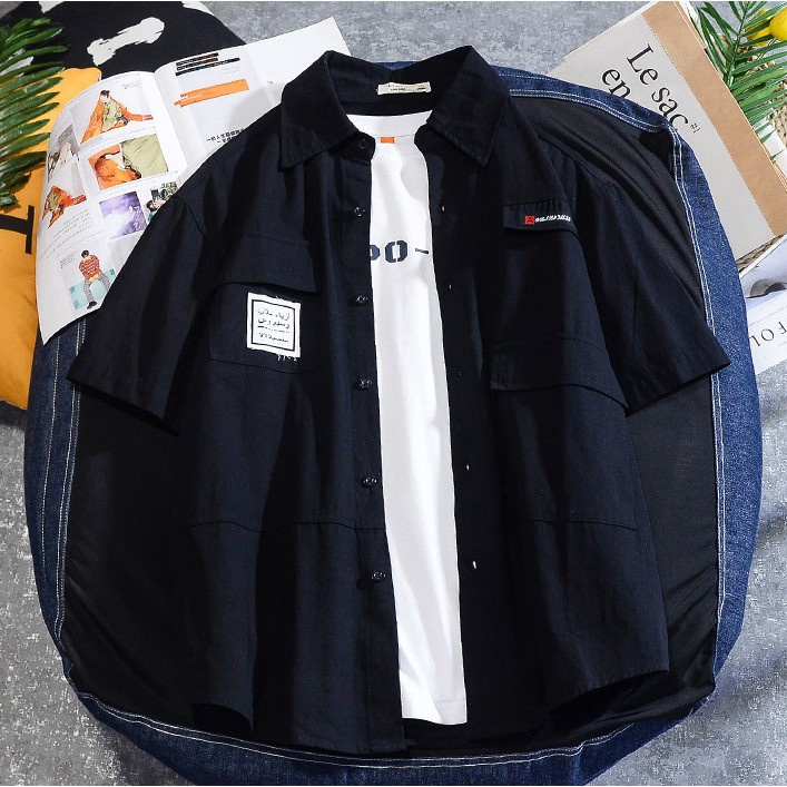 Áo Sơ Mi Cộc Tay Phối chữ Túi Ngực Dành Cho Nam Nữ Phong Cách Unisex