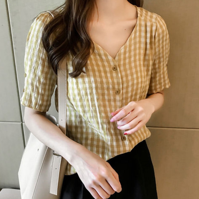 Áo Sơ Mi Ngắn Tay Ca Rô 175205 Áo Sơ Mi Cổ Chữ v Dáng Rộng Thời Trang