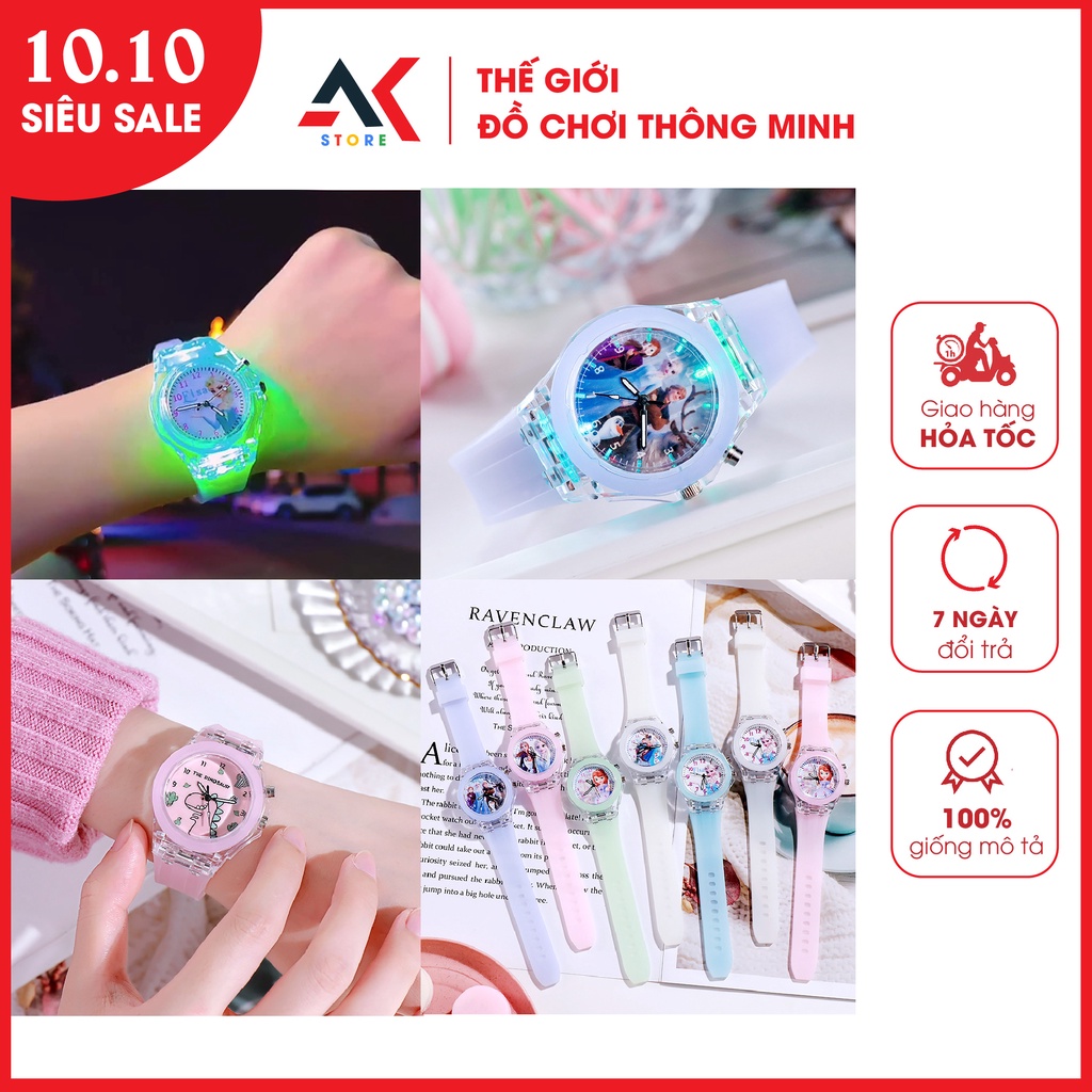 CÓ ĐÈN PHÁT SÁNG - Đồng Hồ Elsa, Hello Kitty,Sofia Dây Đeo Silicon Cho Bé Trai, Bé Gái