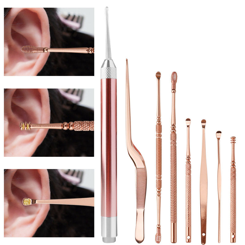 [Hàng mới về] Set 8 dụng cụ lấy ráy tai bằng thép không gỉ có đèn led tiện dụng