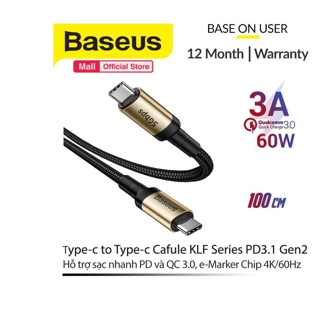 Cáp sạc Baseus Type-c to Type-c Cafule KLF Series PD3.1 Gen1 (Hỗ trợ sạc nhanh PD và QC 3.0, e-Marker Chip 4K/60Hz)