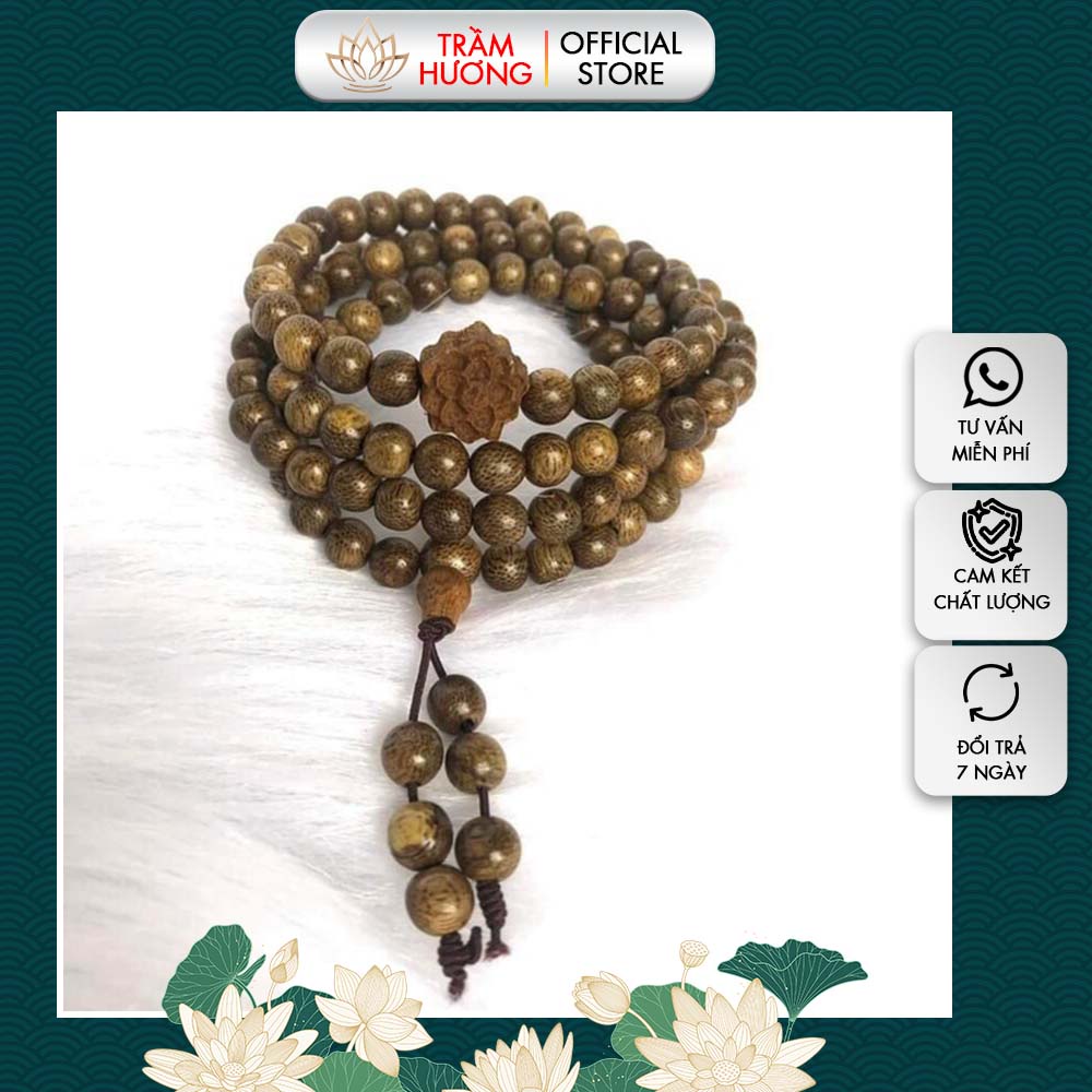 Vòng Tay Trầm Hương Dạng Chuỗi 108 Hạt Mix Hoa Sen Trầm - Vòng Phong Thủy May Mắn và Bình An VTTH9