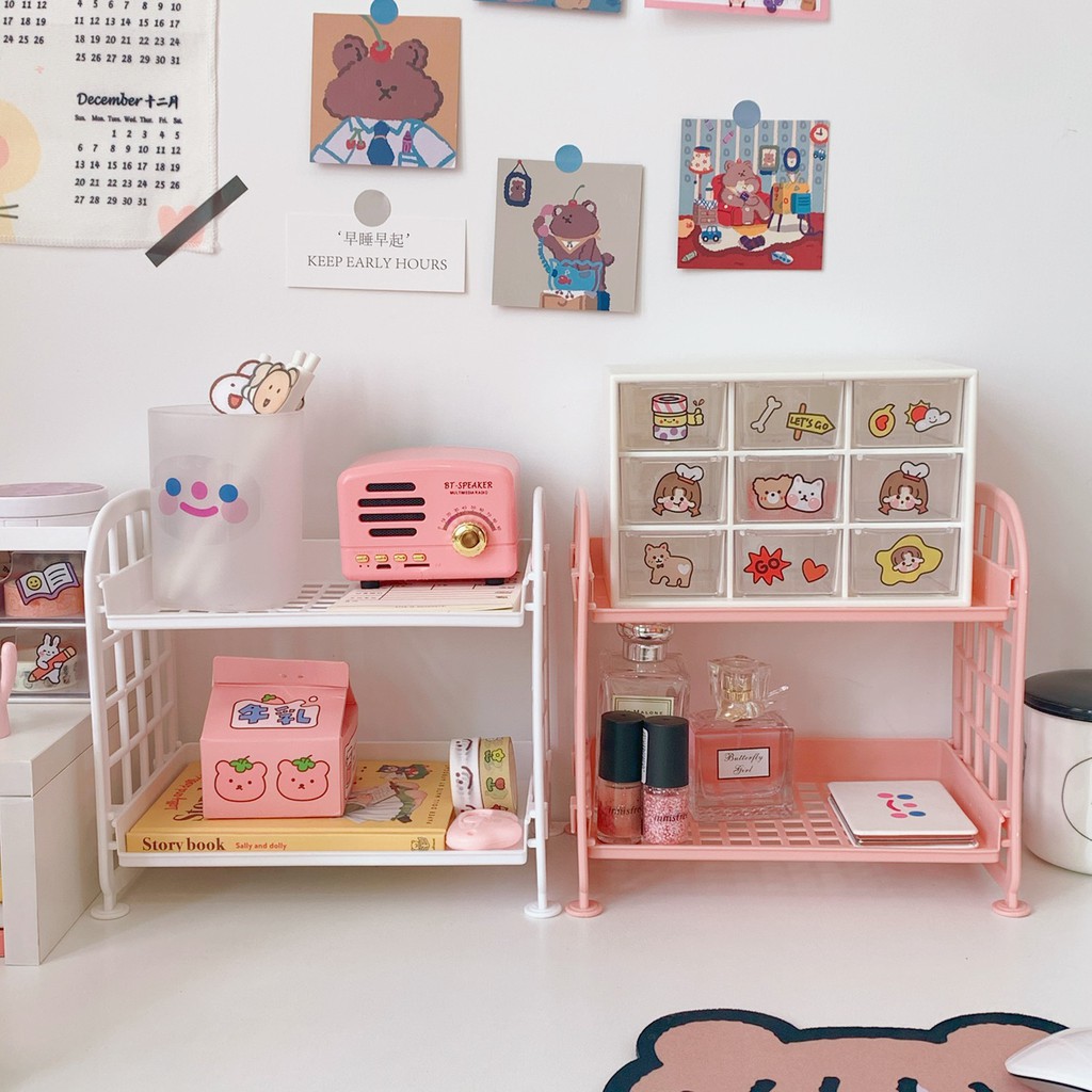 Kệ Nhựa Mini Để Bàn 2 Tầng Ulzzang Hàn Quốc Dễ Thương | Kệ Nhựa Bàn Học Trang Trí Deco