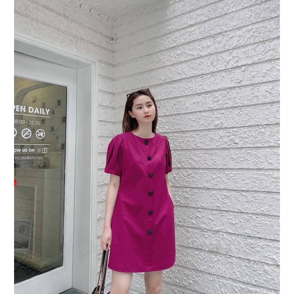 Đầm suông tay phồng hàng nút thiết kế giữa cực xinh