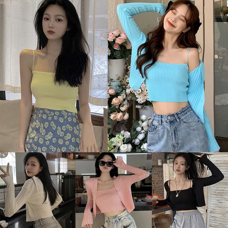 Set Áo Hai Dây + Áo Khoác Cardigan Màu Trơn Phong Cách Hàn Quốc Gợi Cảm Cho Nữ | BigBuy360 - bigbuy360.vn