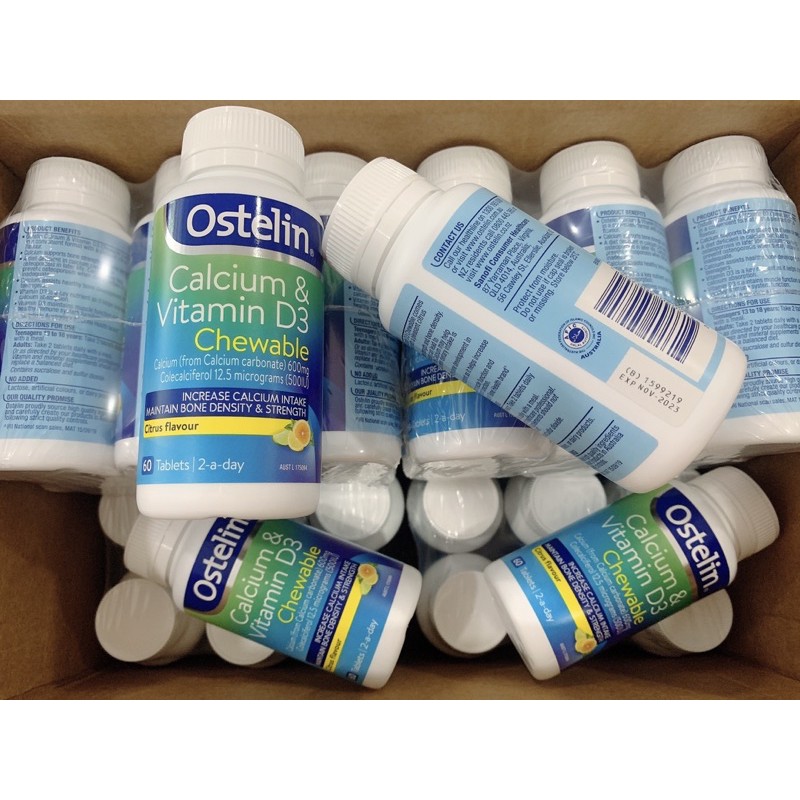 Viên nhai bổ sung Canxi vị cam chanh 60 viên [ÚC] Ostelin Calcium & Vitamin D3 Chewable