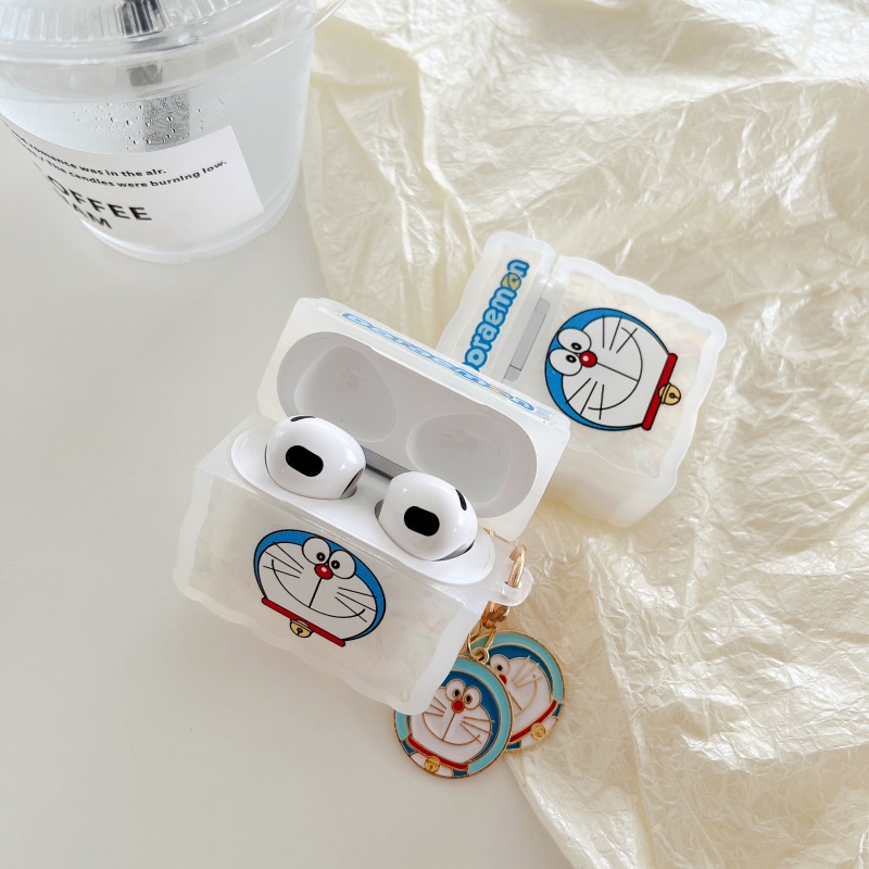 Vỏ Bảo Vệ Hộp Sạc Tai Nghe AirPods 1 2 3 Pro Họa Tiết Hoạt Hình Doremon Đính Ngọc Trai Sang Trọng