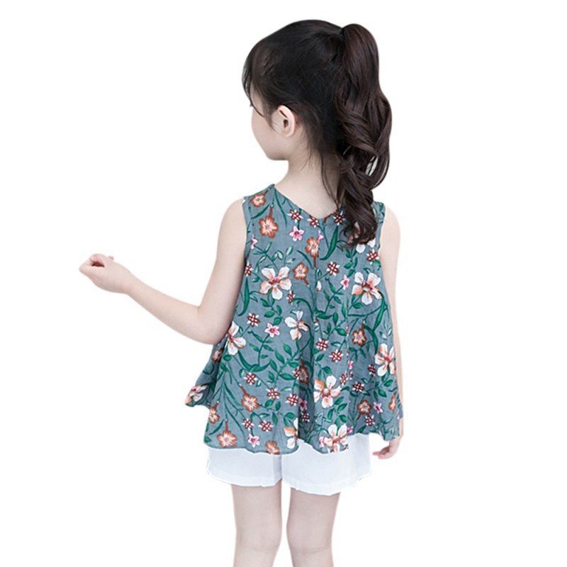 Set áo không tay in hoa kèm quần short xinh xắn cho bé gái