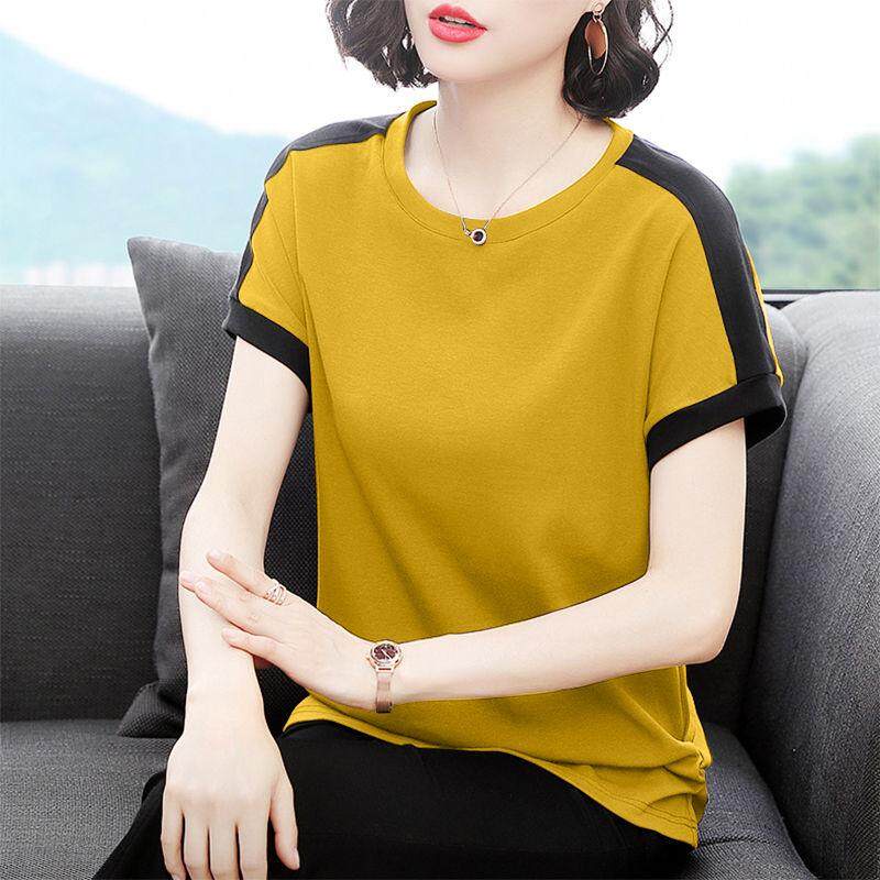 Áo Thun Cotton Tay Ngắn Dáng Rộng Màu Sắc Tương Phản Phong Cách Hàn Quốc Dành Cho Nữ