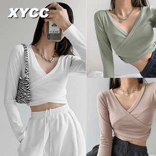 Áo thun tay dài cổ chữ V khoét sâu màu sắc đơn giản phong cách Âu Mỹ