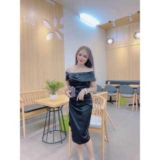 Váy đầm dự tiệc sexy trễ vai giá rẻ đầm body chất lụa nhún mặt trước có xẻ bên