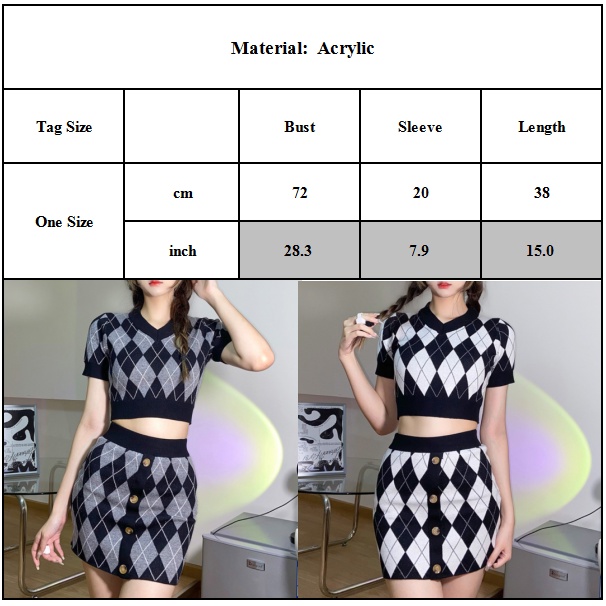 Korean Style Women V-Neck Knit Cropped Top Slim Fit Retro Rhombus Short Sleeve