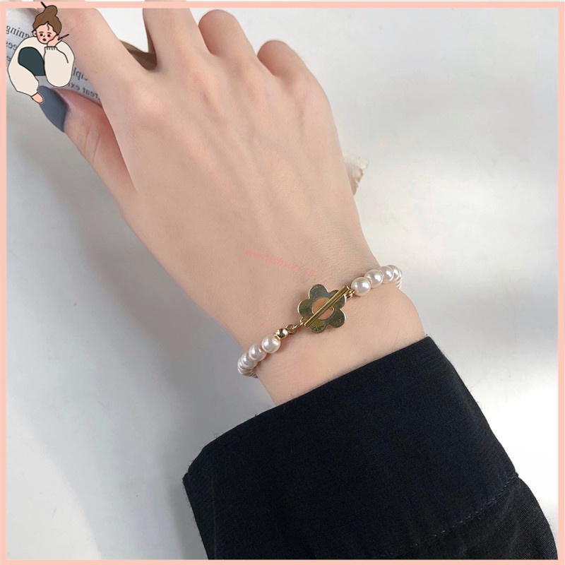 Vòng tay kim loại đính ngọc trai nhân tạo phong cách Hàn Quốc xinh xắn thanh lịch cho nữ