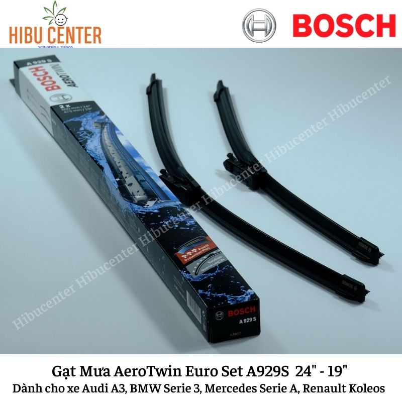 Gạt Mưa BOSCH AeroTwin Euro Set A929S Kích thước 24”/60cm – 19”/47.5cm | Dành cho Xe Audi A3, BMW Serie3, Renault Koleos