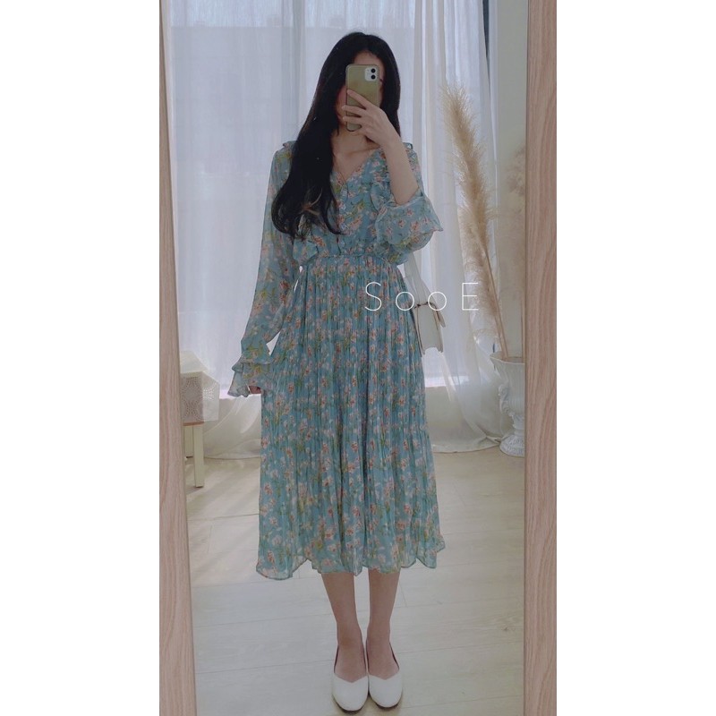 Đầm Hoa tay bèo dập li korea