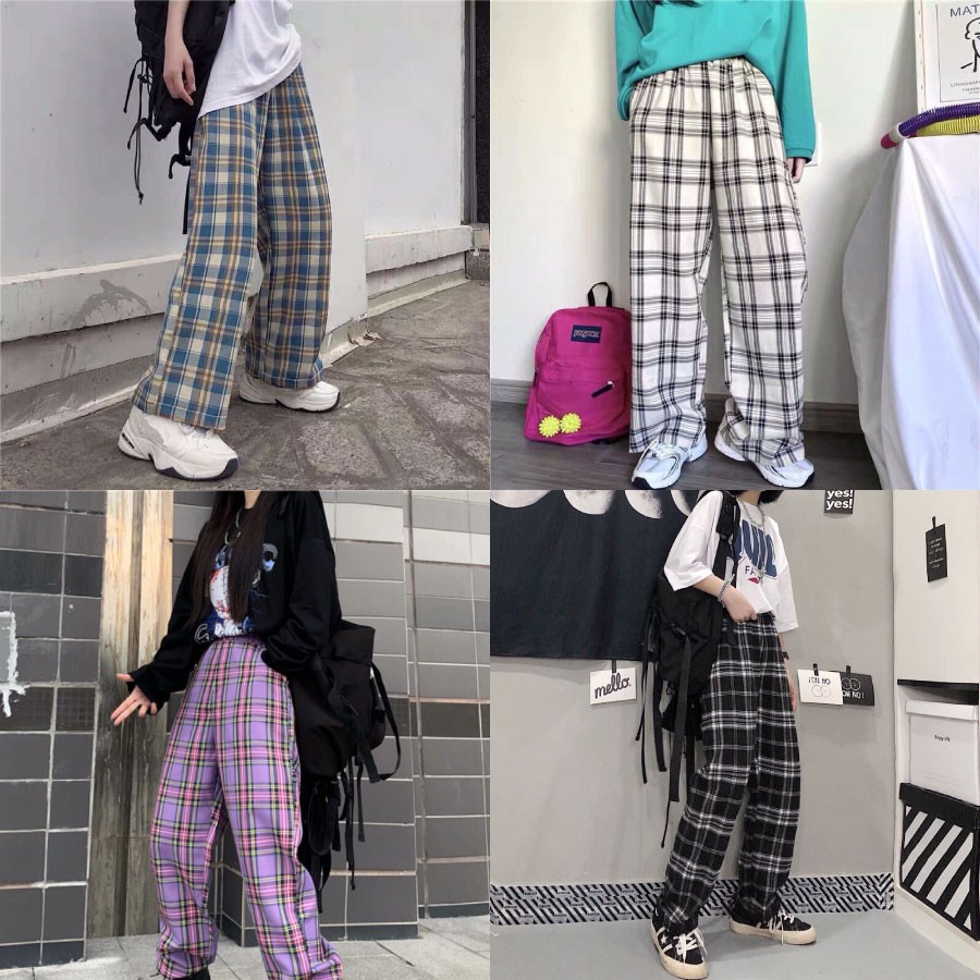 Quần Ống Rộng Kẻ Caro Lưng Cao Dáng Suông, Quần Dài Nữ Caro Ulzzang Phối Kẻ Sọc Nhiều Màu QD011